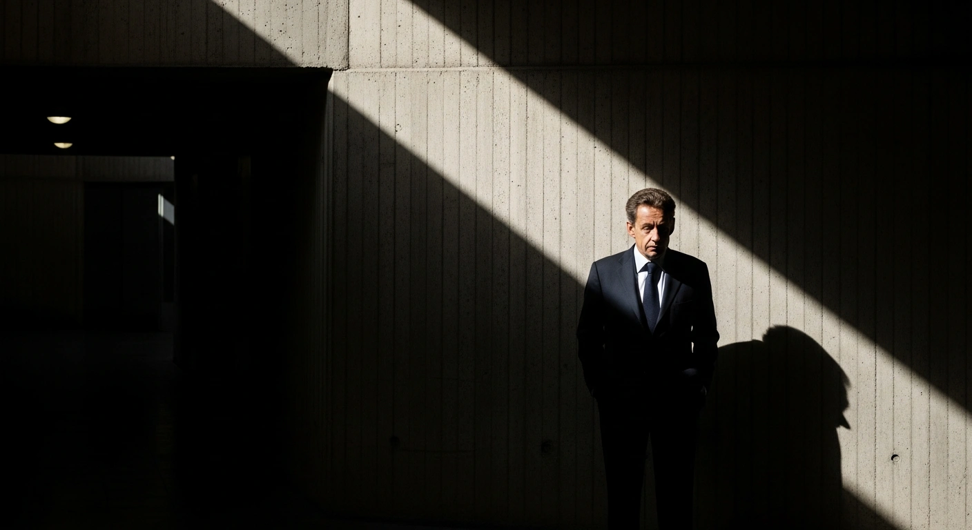 A photorealistic image shows a figure resembling former French President Nicolas Sarkozy standing pensively in a stark, dimly lit institutional corridor, reflecting on his incarceration as a Paris court prepares to decide on his release.