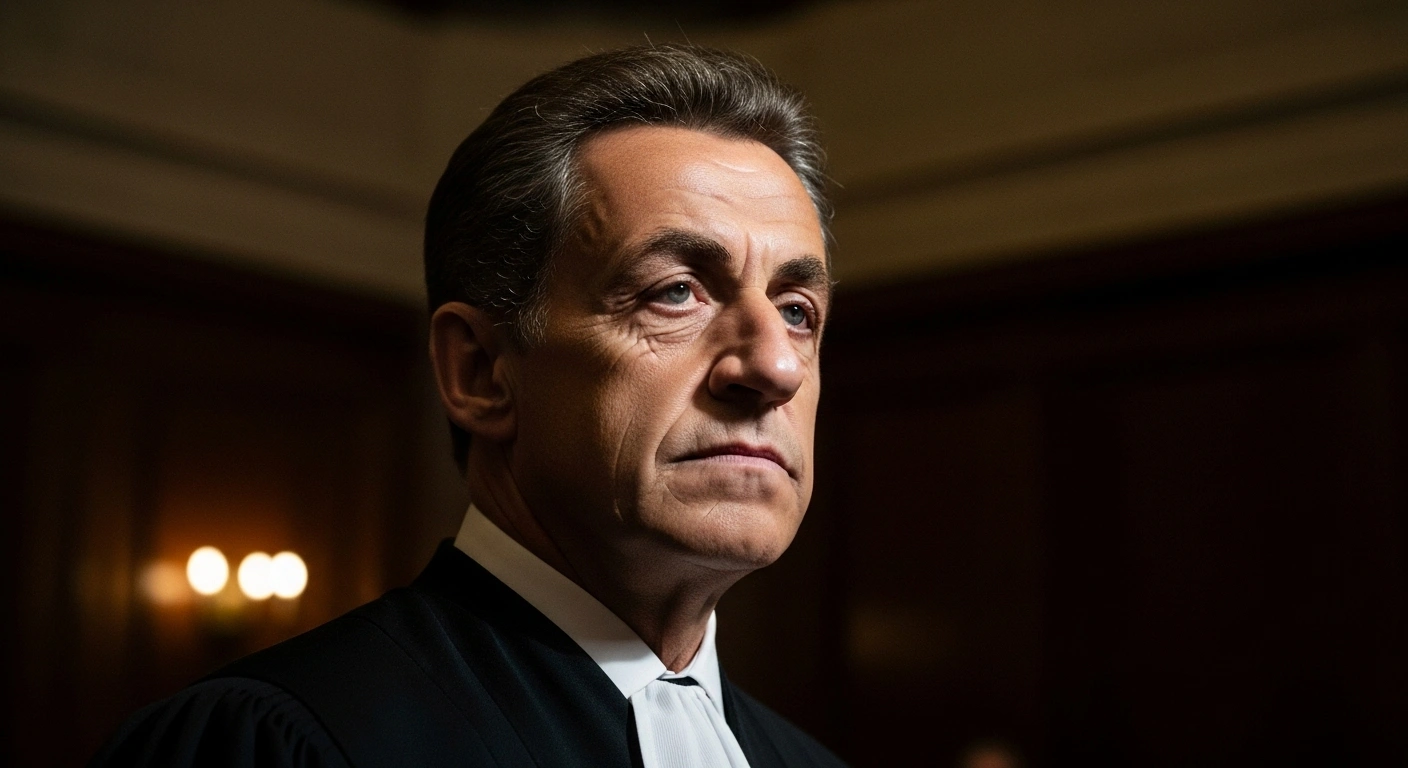 A close-up photograph shows former French President Nicolas Sarkozy, looking defiant yet somber, in a courtroom setting after being sentenced to five years in prison by a Paris court for illegal campaign financing related to his 2007 presidential campaign by Libya.