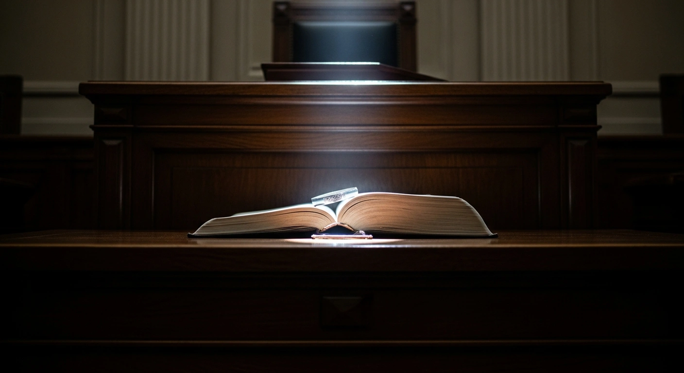 A dimly lit, grand Parisian courtroom scene shows a close-up of a judge's dark wooden bench, where a heavy, leather-bound legal book rests, subtly illuminated by a dramatic shaft of light. A thin, metallic band with a faint blue glow, symbolizing electronic monitoring, is placed on the book, representing the legal proceedings involving former French President Nicolas Sarkozy's request to merge sentences for graft and illegal campaign financing convictions.