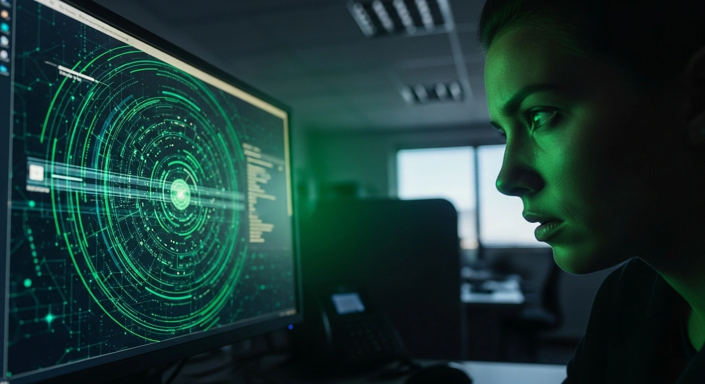 A close-up, low-angle shot of a glowing computer screen displaying a complex digital interface, reflecting in the tense eyes of an unseen person, symbolizing the threat of cybercriminals hijacking eFiling profiles and causing financial losses, as warned by SARS.