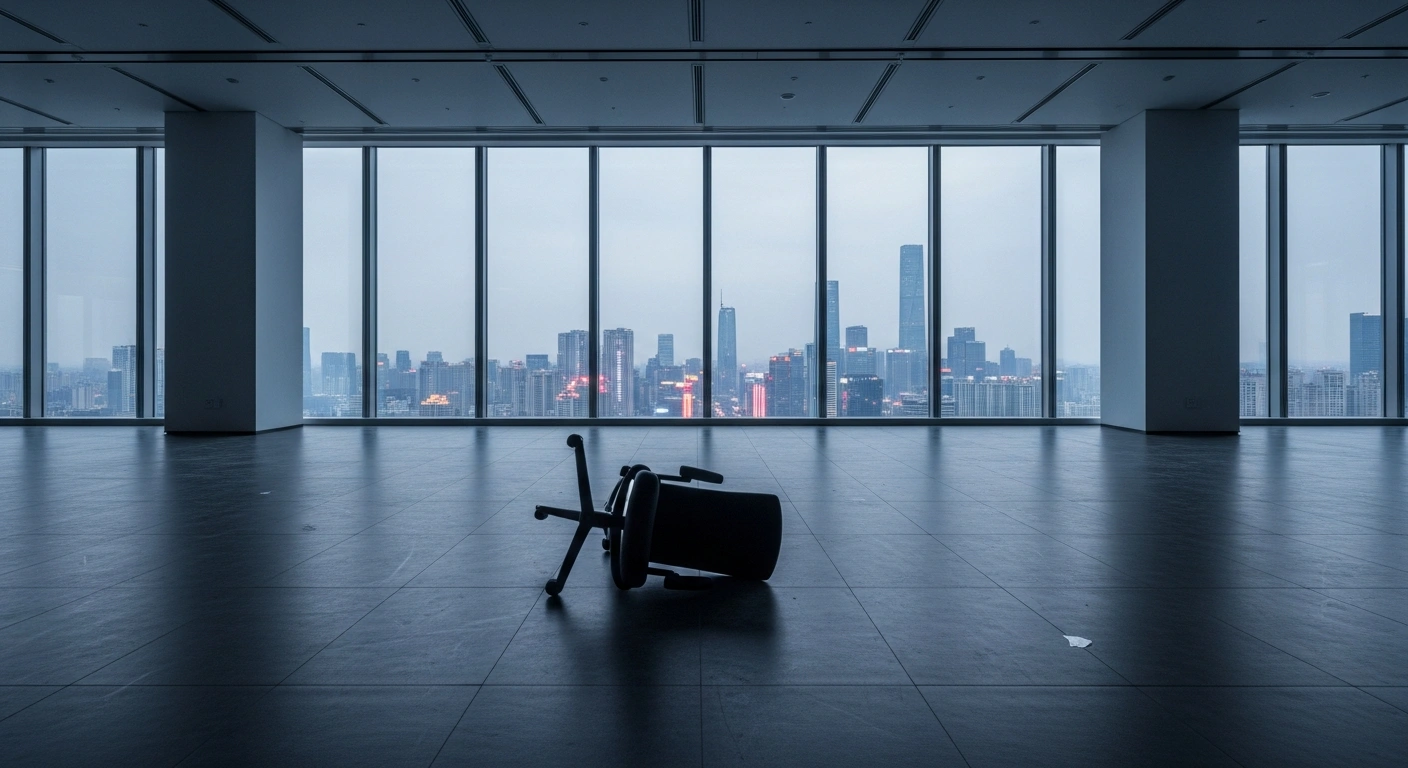 A stark, empty modern office floor in a high-rise building in a Chinese metropolis, with a single overturned chair and city lights visible through the window, symbolizing US software firm SAS Institute's 25-year direct operations in mainland China ending, resulting in approximately 400 employee layoffs.