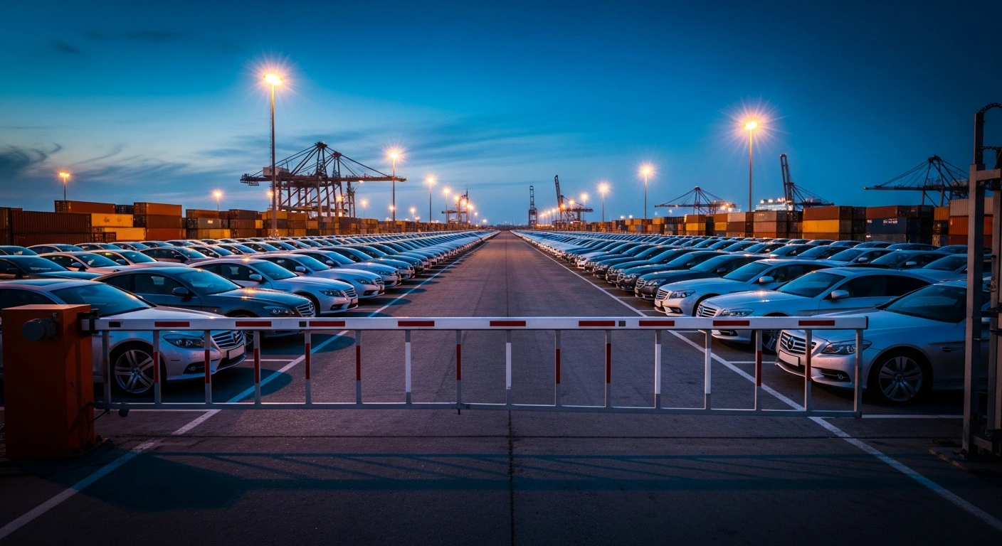 A row of imported luxury vehicles sits idle at a Saudi Arabian shipping port following a suspension of imports by SASO due to regulatory compliance issues.