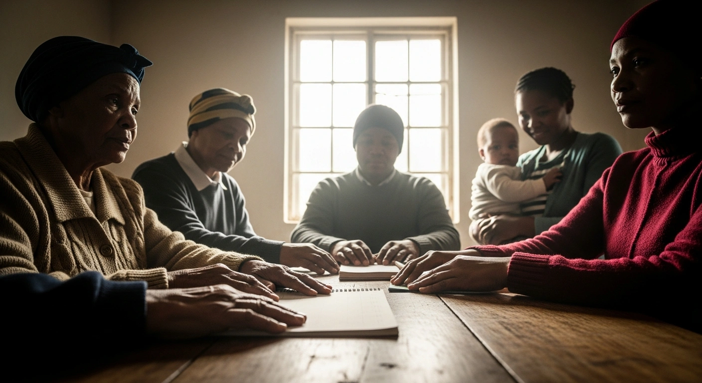 A diverse group of South African social grant beneficiaries, including an elderly woman, a person with a disability, and a young mother with a child, are gathered around a table in warm morning light, symbolizing the planning of finances after the release of the SASSA January 2026 social grants payment schedule.