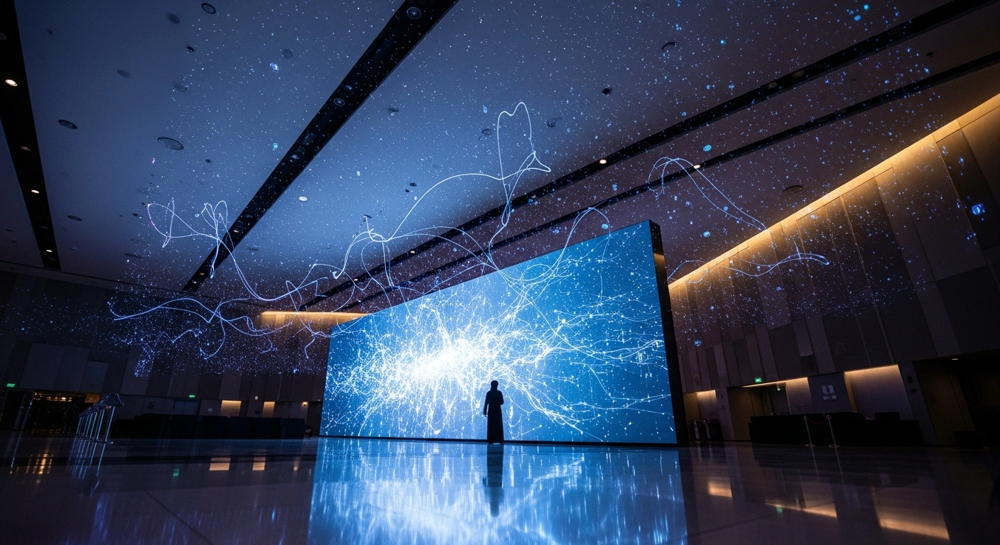 A wide, low-angle shot captures the interior of a futuristic conference hall in Riyadh, where holographic data streams and a large, luminous display symbolize the transformative power of Artificial Intelligence, reflecting the themes discussed at the Absher Conference regarding Saudi Arabia's digital transformation and Saudi Vision 2030.