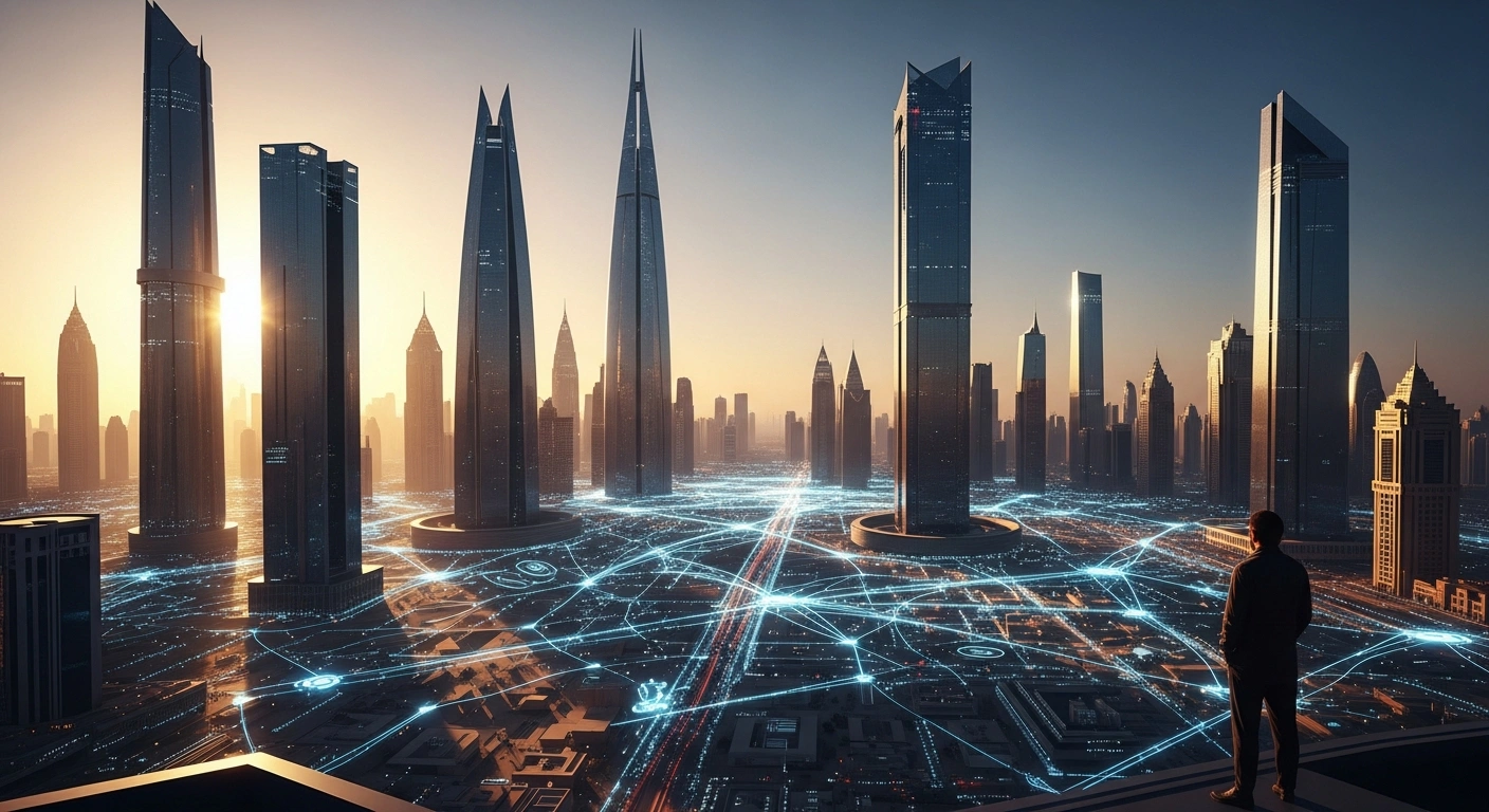 A photorealistic image depicting a modern Saudi Arabian cityscape at dusk, with glowing digital pathways representing an integrated AI ecosystem, overseen by a silhouetted figure, symbolizing the nation's progress towards becoming a global AI leader under Vision 2030.