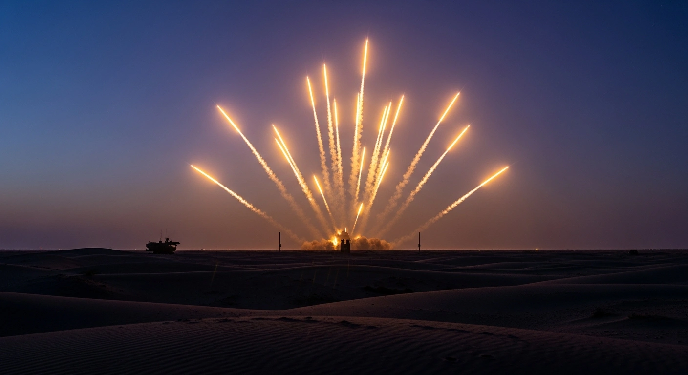 Saudi Arabian air defense systems intercept and destroy multiple ballistic missiles and drones in the night sky over a desert landscape.