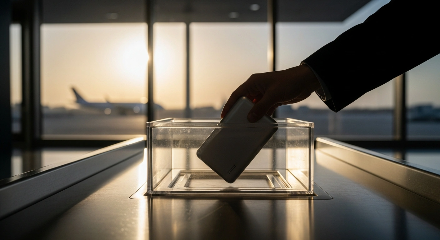 A traveler places a portable power bank into a security bin at a Saudi Arabian airport to comply with new GACA aviation safety regulations.