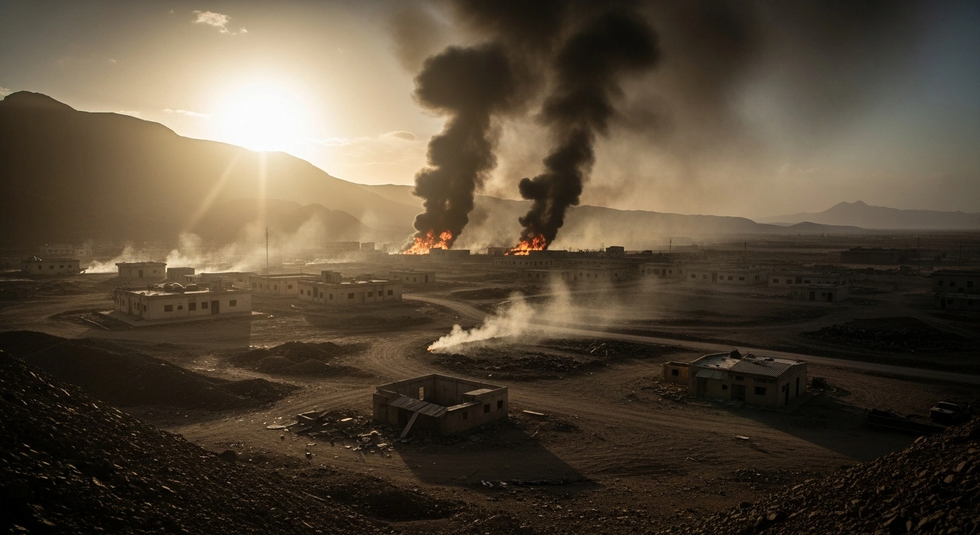 A wide, early morning shot depicts a military compound in Yemen's oil-rich Hadramout province smoldering with thick plumes of smoke rising, following recent airstrikes by Saudi warplanes against Southern Transitional Council (STC) sites, signifying an escalation in the Yemeni conflict.