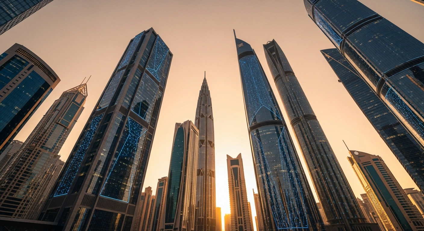 A breathtaking, low-angle wide shot of a futuristic Saudi Arabian cityscape at the golden hour, featuring towering skyscrapers with integrated blue light patterns, symbolizing its top position in AI readiness and progress under Vision 2030.