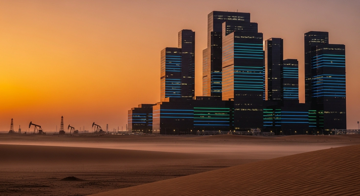A vast, modern data center complex with sleek, dark facades reflecting a desert sunset, subtly illuminated by internal blue and green light, rising from golden sands with distant oil derricks silhouetted against the sky, symbolizing Saudi Arabia's ambitious AI strategy and Vision 2030.