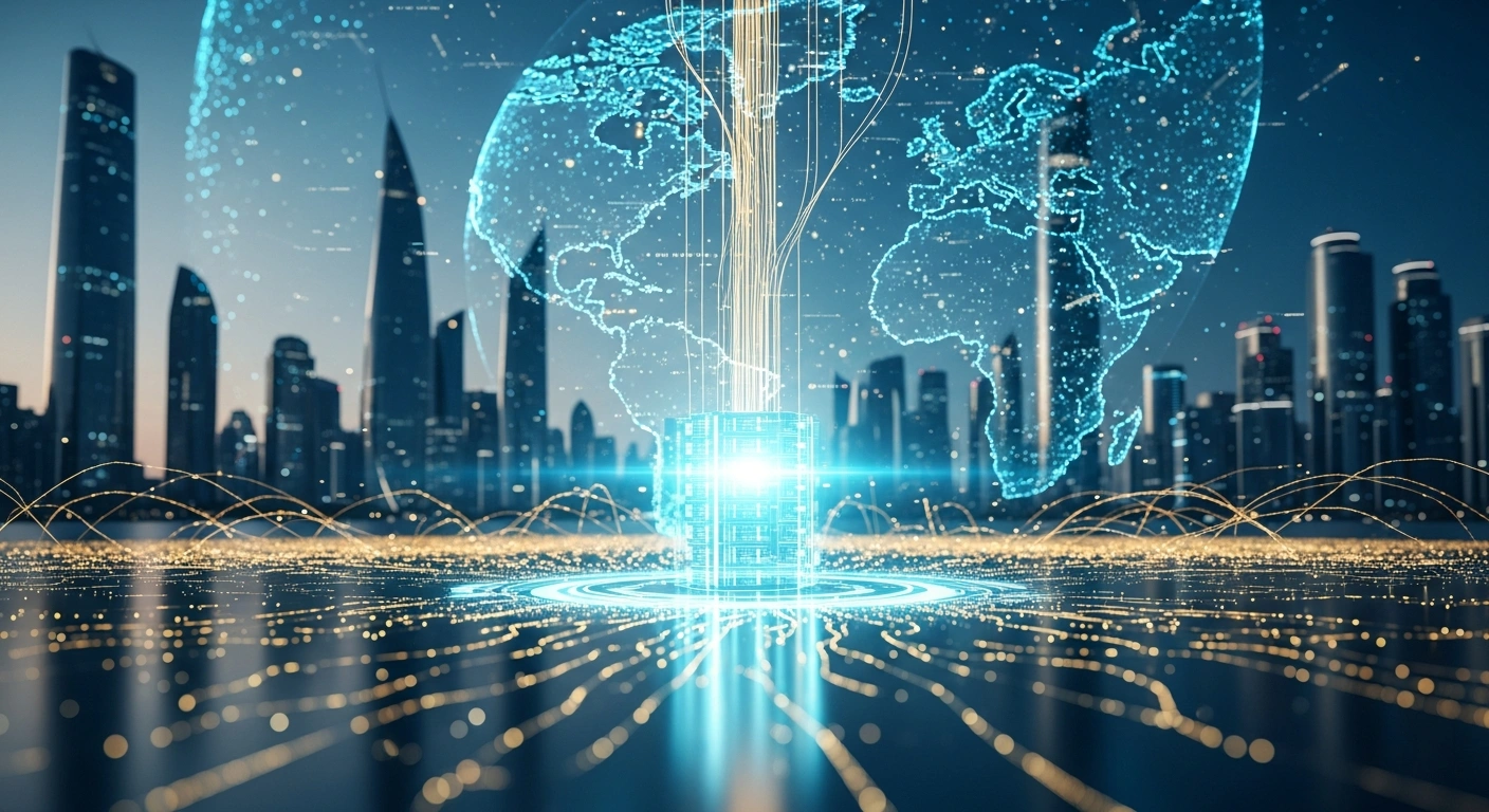 A futuristic digital network visualization represents Saudi Arabia's top-ranked cybersecurity infrastructure and technological development.
