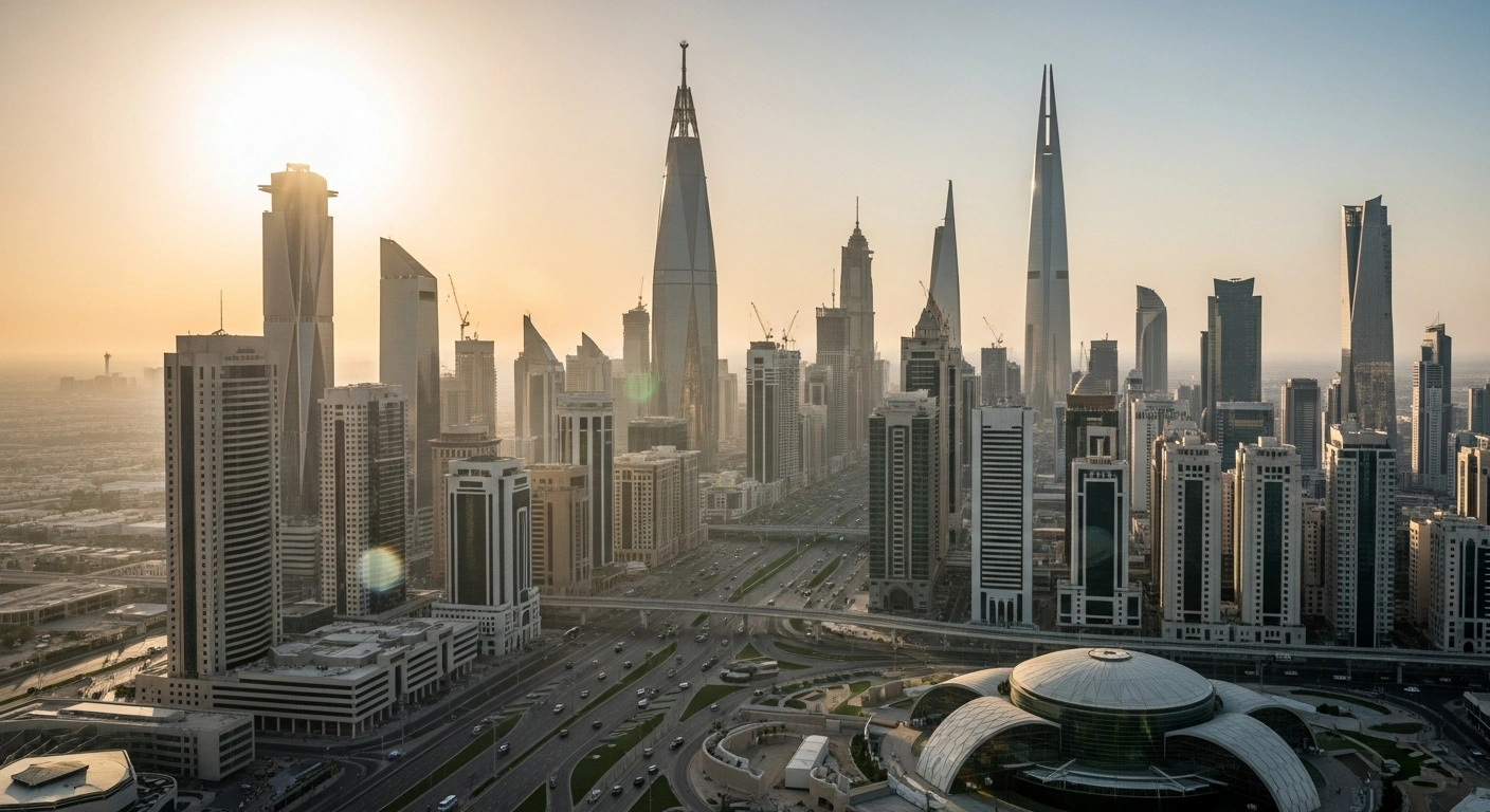 A modern Saudi Arabian cityscape bathed in golden hour light, featuring gleaming skyscrapers and innovative architecture, symbolizing the nation's strong economic performance and diversification lauded by IMF Managing Director Kristalina Georgieva.