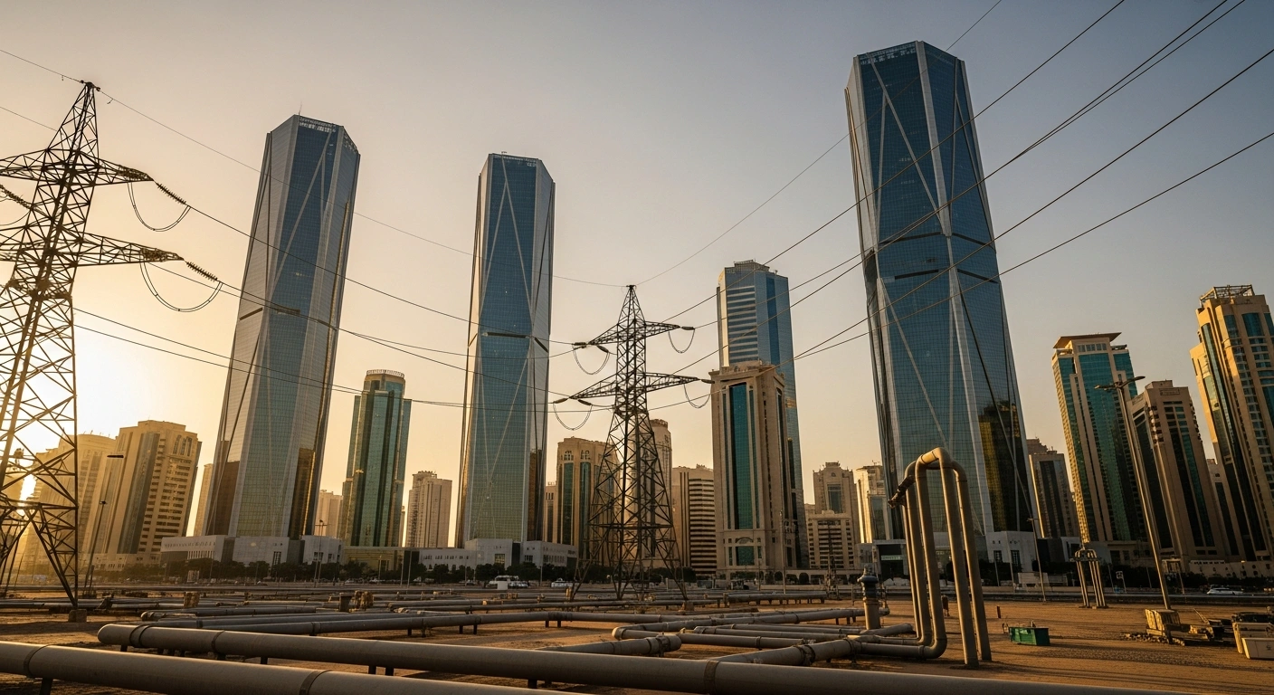 A modern Saudi Arabian cityscape at sunset highlights urban infrastructure and housing development during a period of economic change.