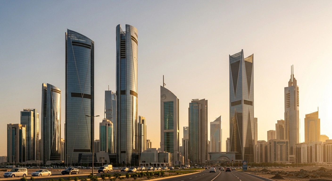 A modern cityscape of Riyadh at sunset represents the stable economic outlook and credit rating of Saudi Arabia.