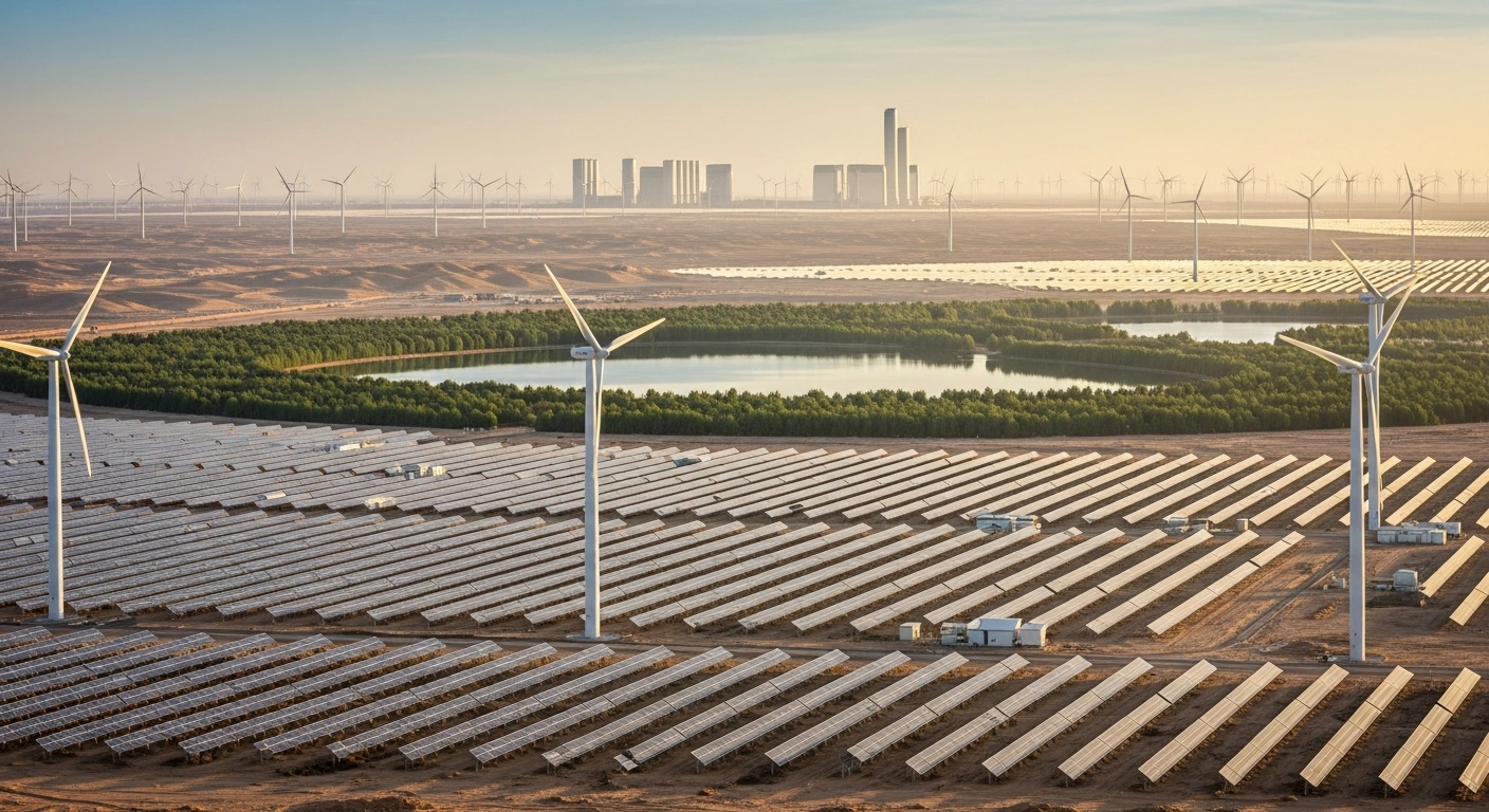 A vast Saudi Arabian desert landscape at dawn, featuring extensive solar panel arrays, tall wind turbines, a lush green afforested oasis, and futuristic carbon capture facilities in the distance, symbolizing the nation's commitment to reducing greenhouse gas emissions by 2040.