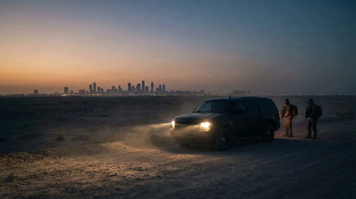 A government vehicle sits on a desert road near a city skyline as the US State Department orders an evacuation from Saudi Arabia due to security threats.
