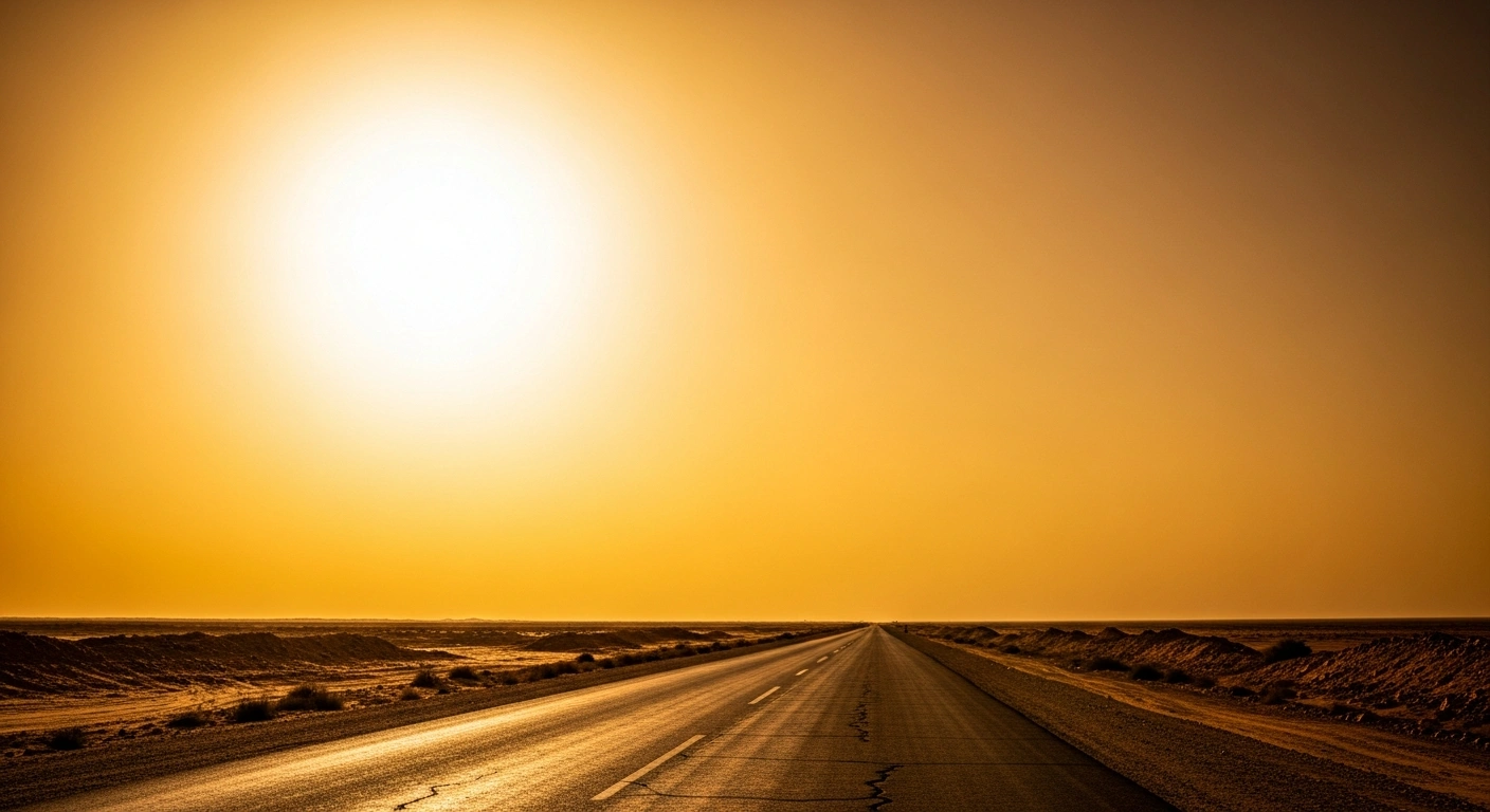 A scorching desert landscape in Saudi Arabia under a bright sun during a severe heatwave warning.