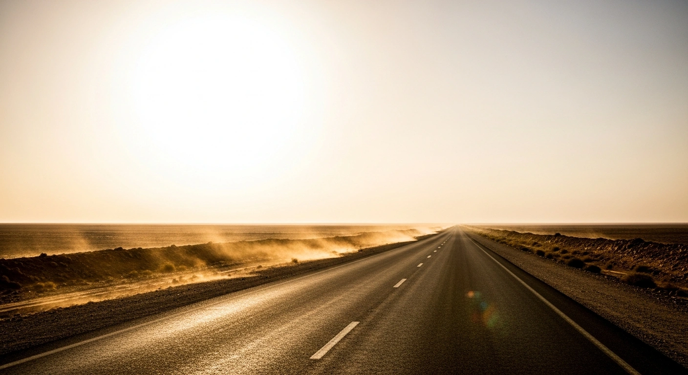 A shimmering heat haze rises from a desert road in Saudi Arabia during an extreme heatwave with temperatures approaching 50 degrees Celsius.