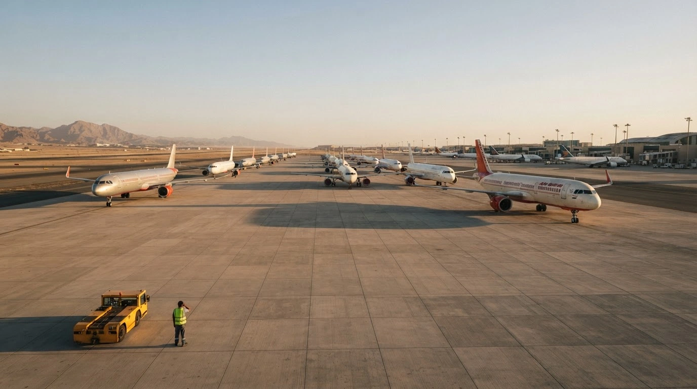 A fleet of commercial airplanes sits grounded on a tarmac at an international airport in Saudi Arabia due to suspended flight operations.