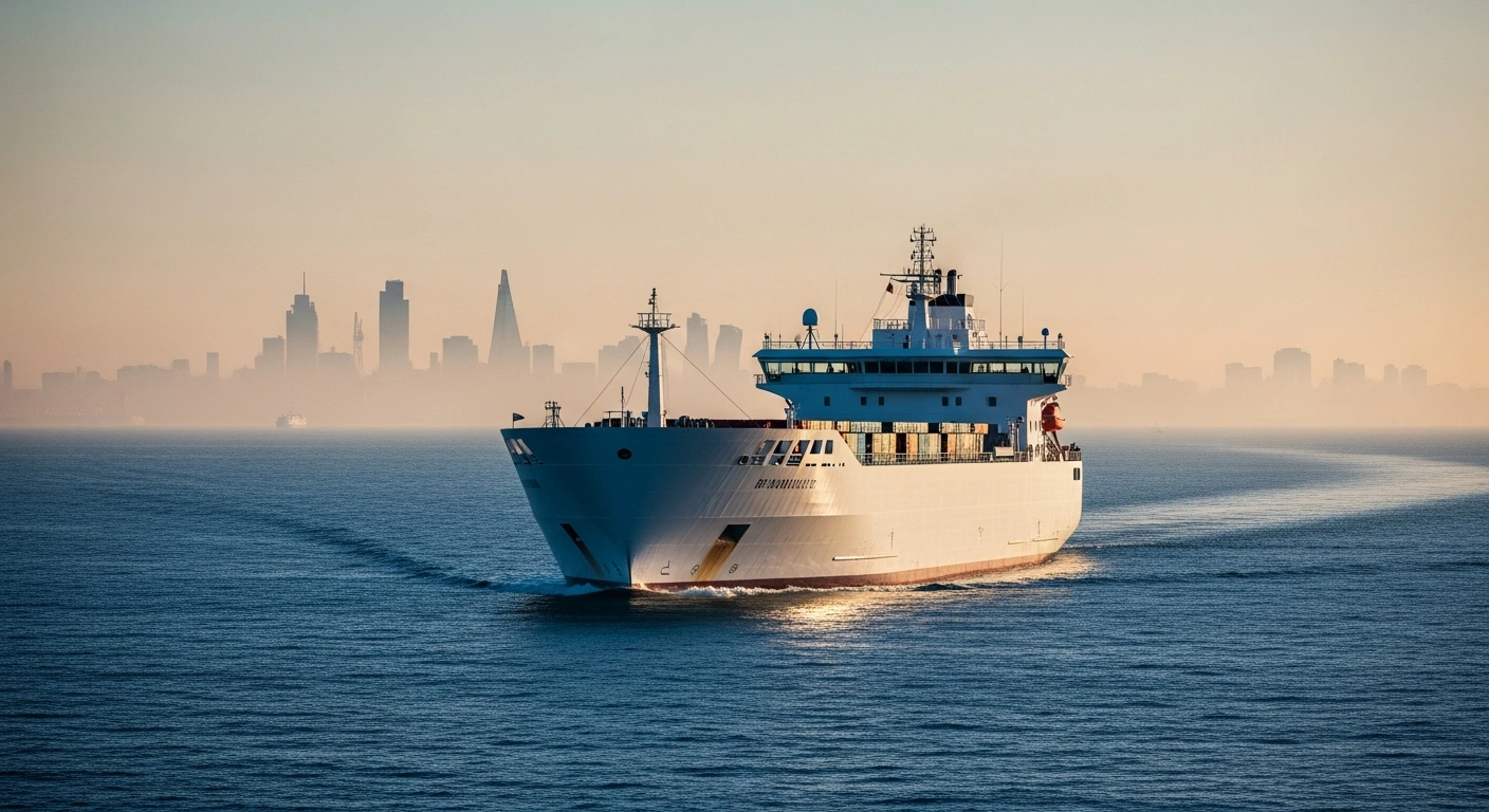 A modern cargo ship sails on the ocean as a representative of Saudi Arabia participates in the International Maritime Organization council meeting to discuss sustainable shipping.
