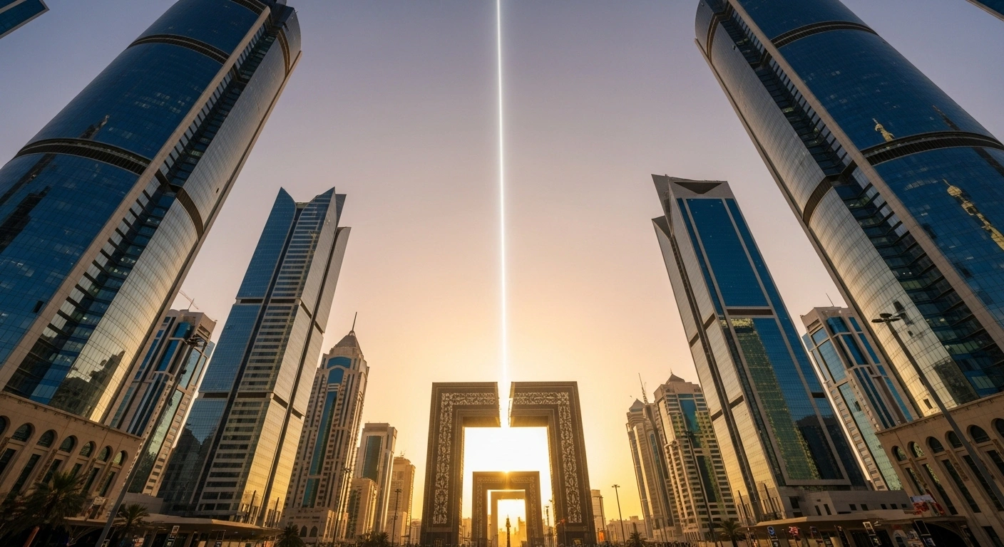 A wide, cinematic view of Riyadh's modern financial district at magic hour, with a symbolic gateway opening to reveal a bustling market, representing Saudi Arabia's move to allow direct access for non-resident investors to the Tadawul Main Market.