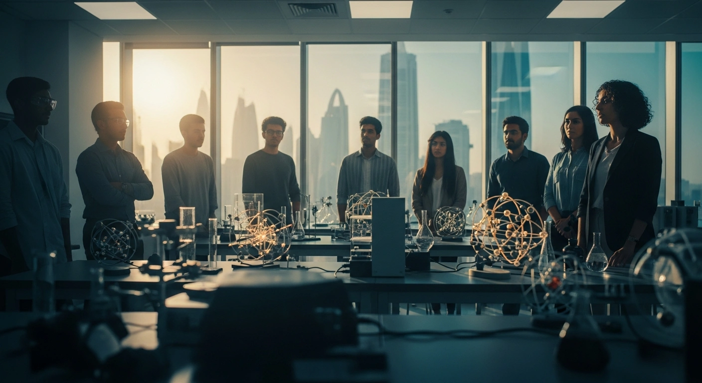 A group of young students studies nuclear science models in a modern laboratory in Jeddah, Saudi Arabia, in preparation for the International Nuclear Science Olympiad.