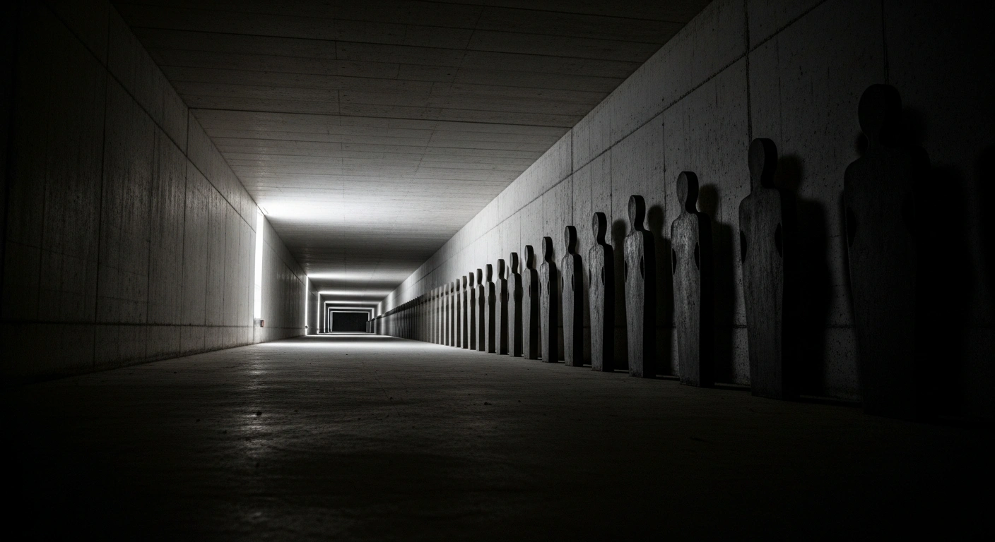 A stark, dimly lit concrete corridor stretches into the distance, lined with an endless row of abstract, dark silhouettes, symbolizing the record 356 executions in Saudi Arabia in 2025, a figure highlighted by Human Rights Watch due to concerns over drug offenses, foreign nationals, and minors.
