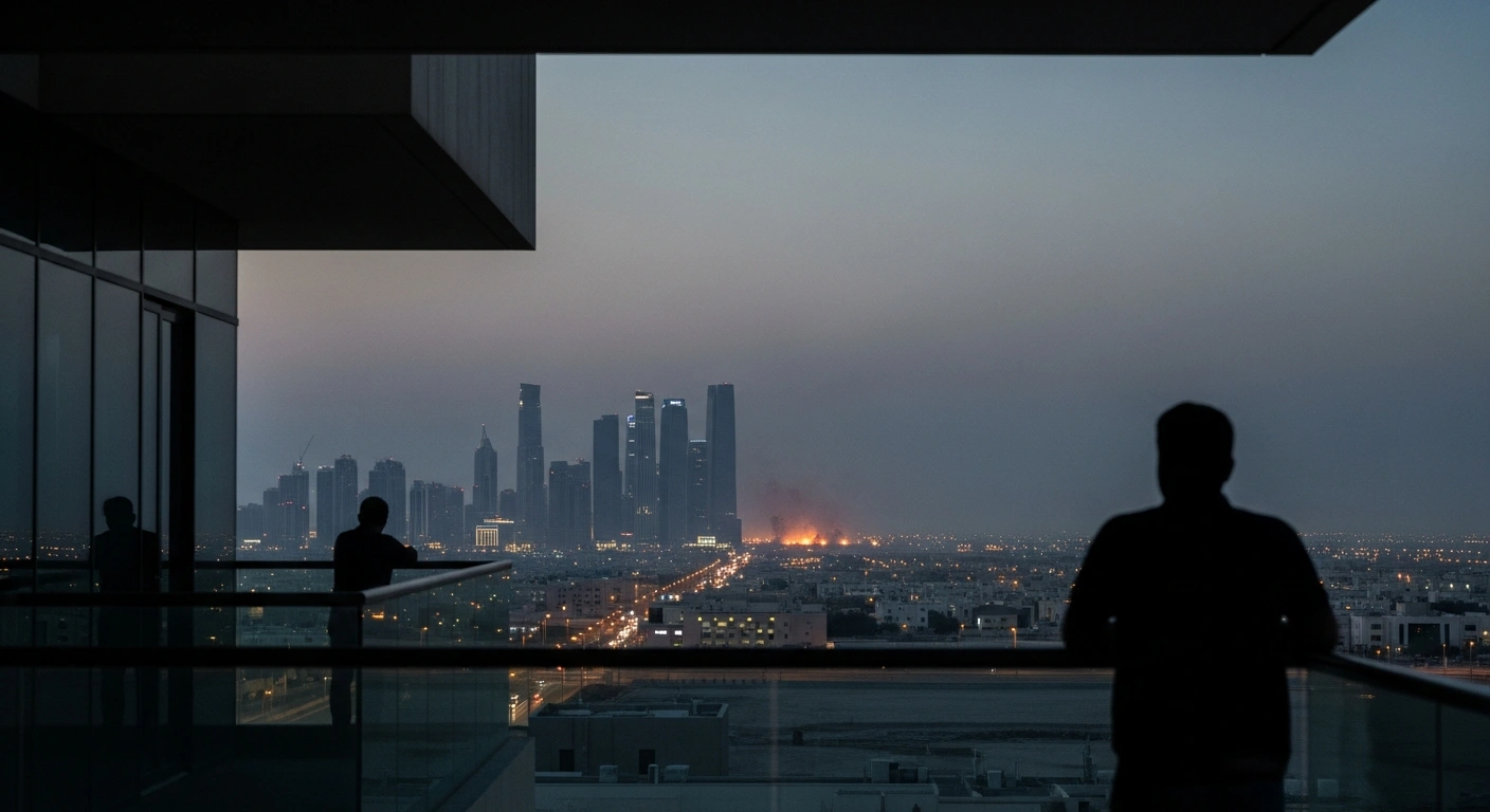 A silhouette of a person watches a distant, glowing horizon from a balcony in a Saudi Arabian city following a security alert regarding regional missile and drone threats.