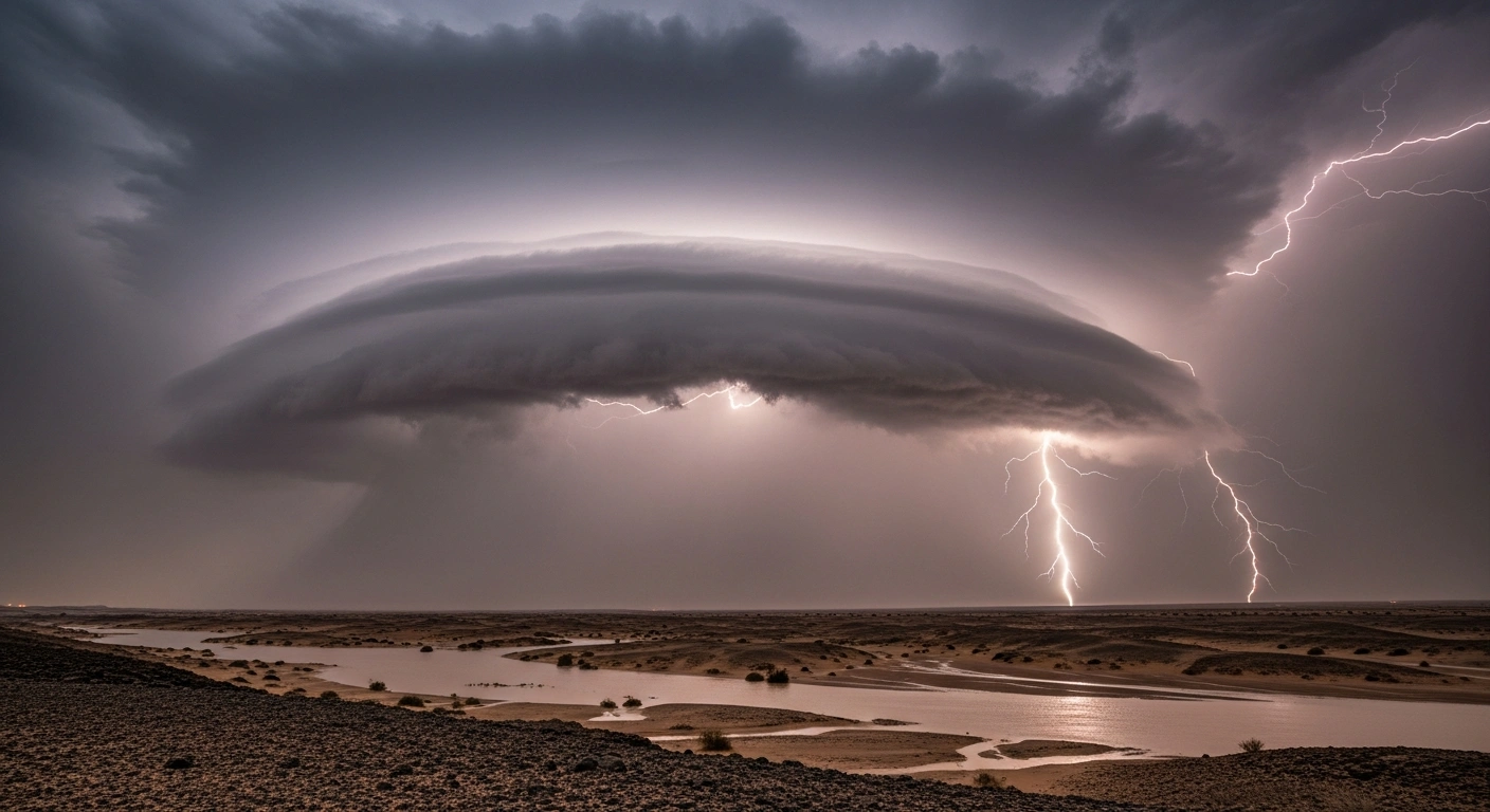 A dramatic thunderstorm with heavy rainfall and lightning strikes over a desert landscape in Saudi Arabia during a weather warning.