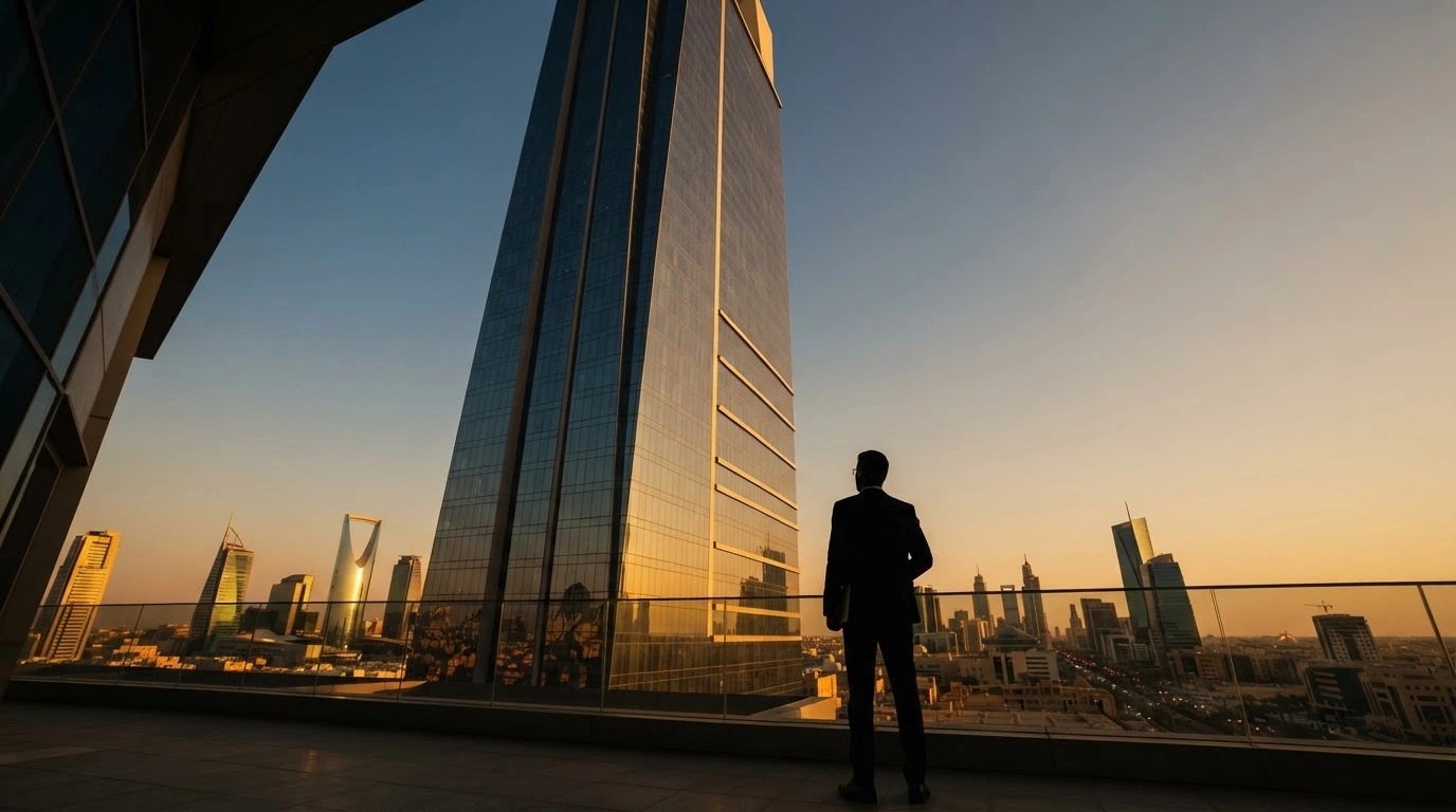 A modern corporate building in Saudi Arabia represents the new regulatory framework for business work visa quotas and economic development.