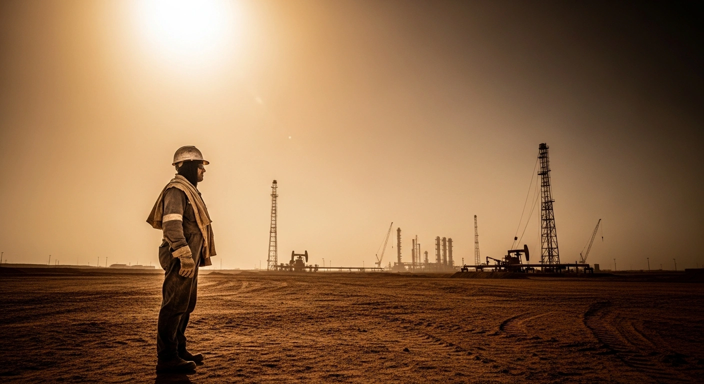 A migrant worker stands in a dusty, sun-scorched construction site near Saudi Aramco infrastructure, highlighting concerns about heat exposure and labor safety.