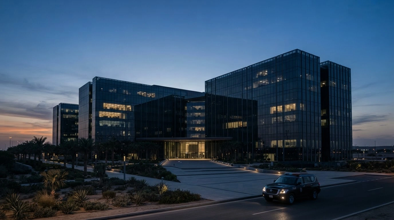 The Saudi Aramco headquarters in Dhahran stands quiet at dusk as the company transitions to remote work due to security concerns.