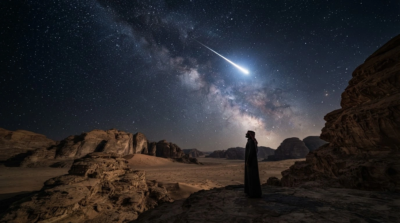 A person stands in the Saudi Arabian desert at night watching a meteor shower and the Milky Way as part of the Saudi Space Agency astronomical guide.