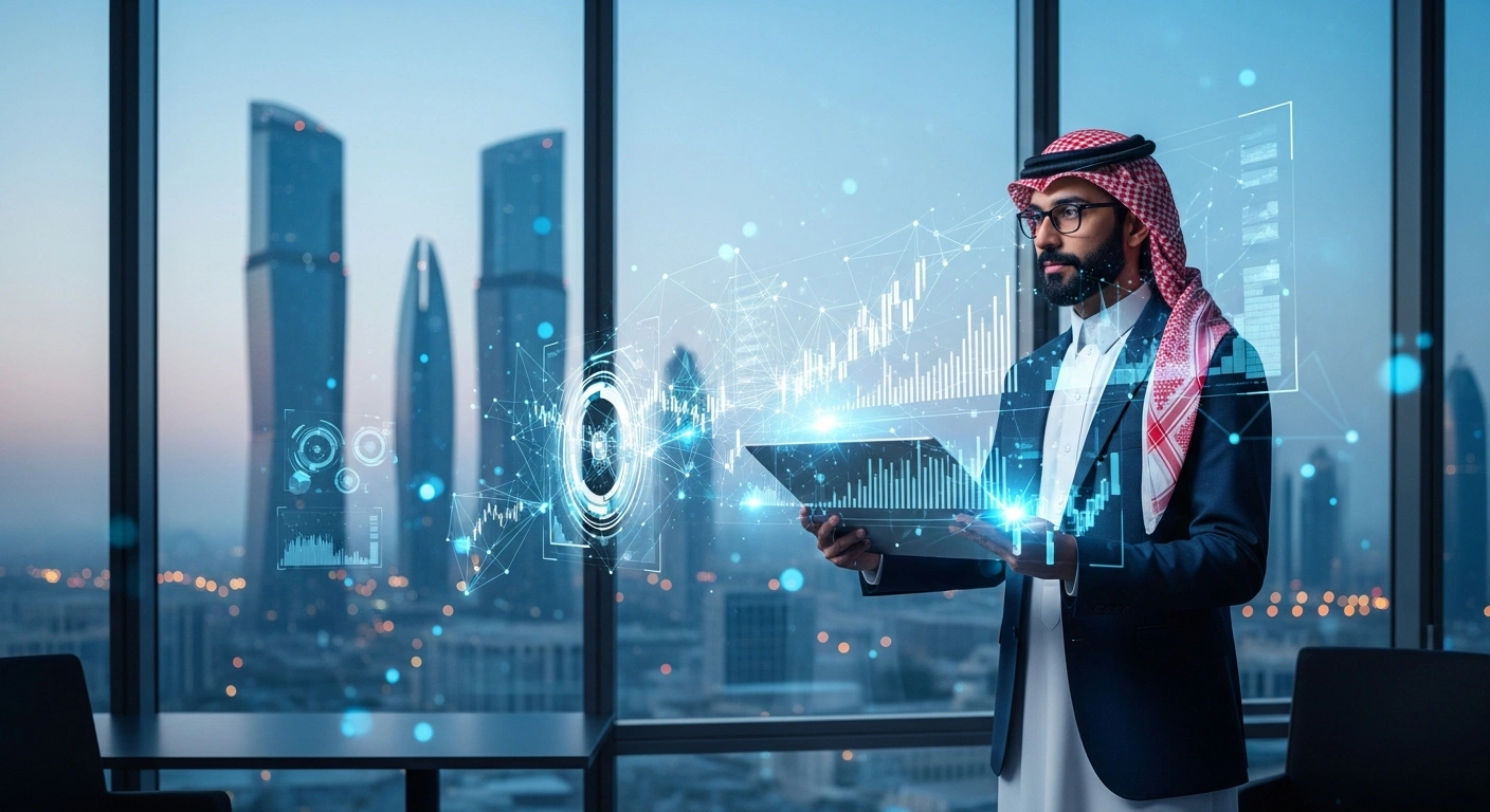 A professional Saudi auditor stands in a modern office with holographic financial data displays, representing the integration of artificial intelligence into auditing practices for Saudi Vision 2030.