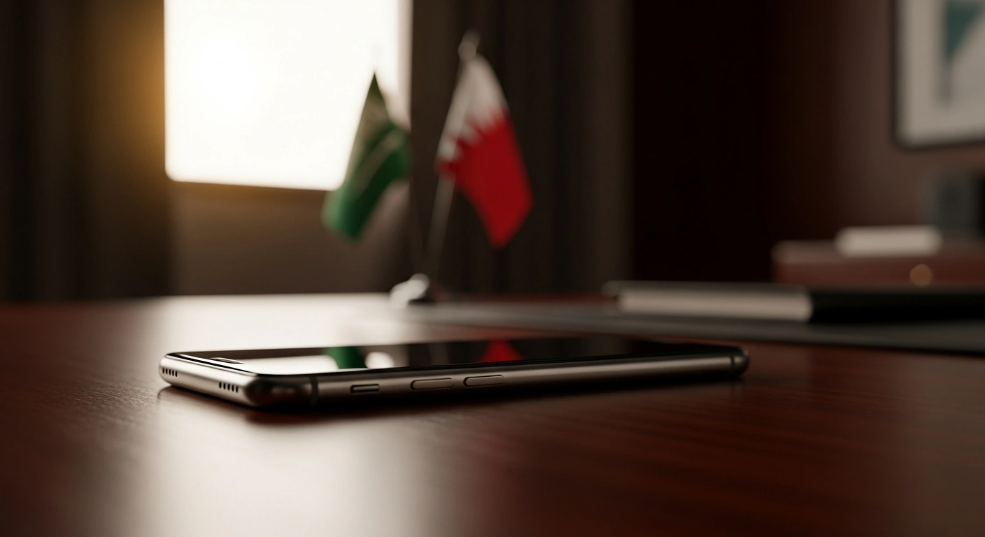 A smartphone sits on a desk representing a high-level diplomatic phone call between the foreign ministers of Saudi Arabia and Bahrain to discuss regional stability.