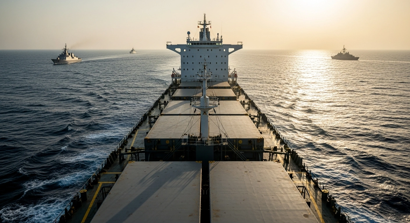 A large cargo ship sails through the Strait of Hormuz under the watch of naval vessels to highlight concerns over maritime security and regional stability.