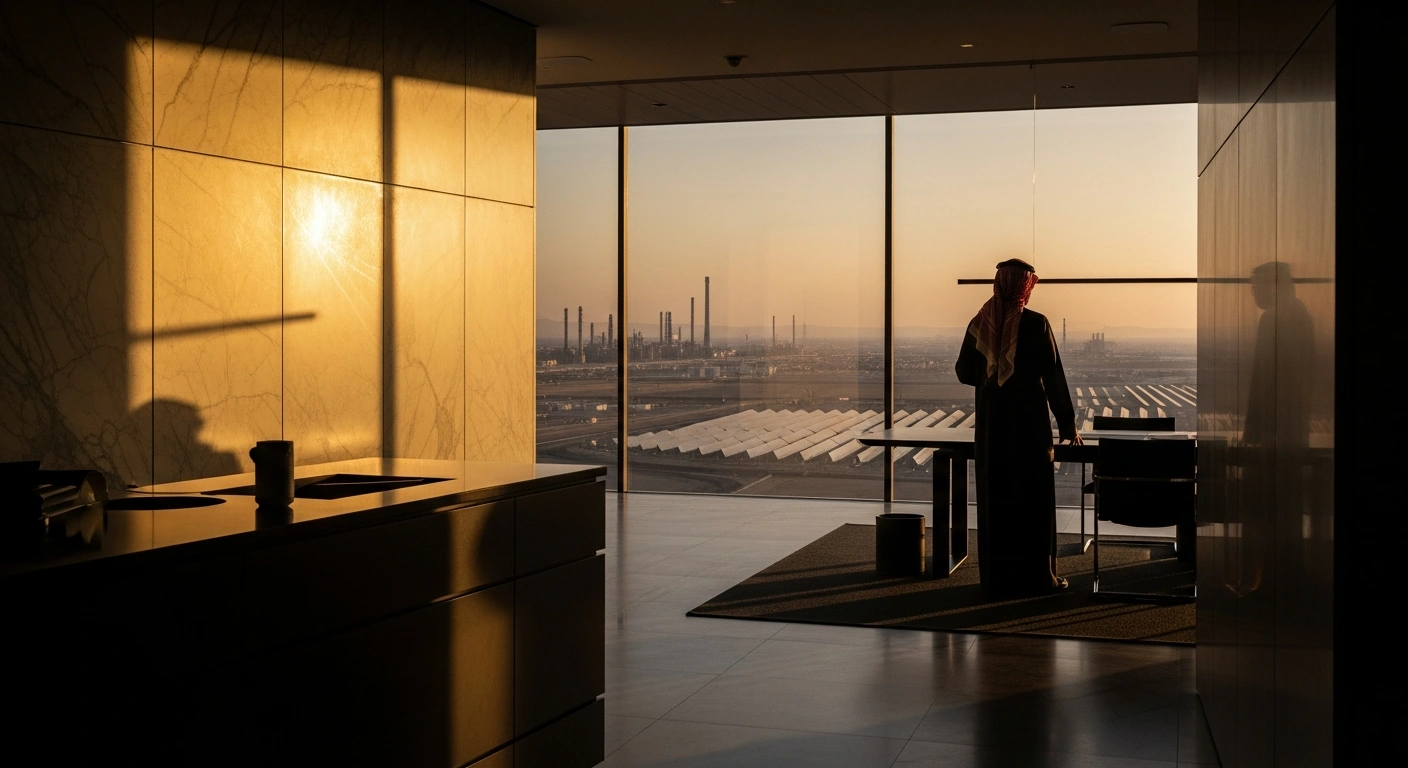 Prince Abdulaziz bin Salman stands in a modern office overlooking an industrial landscape, representing the consolidation of Saudi Arabia's energy and mineral sectors.