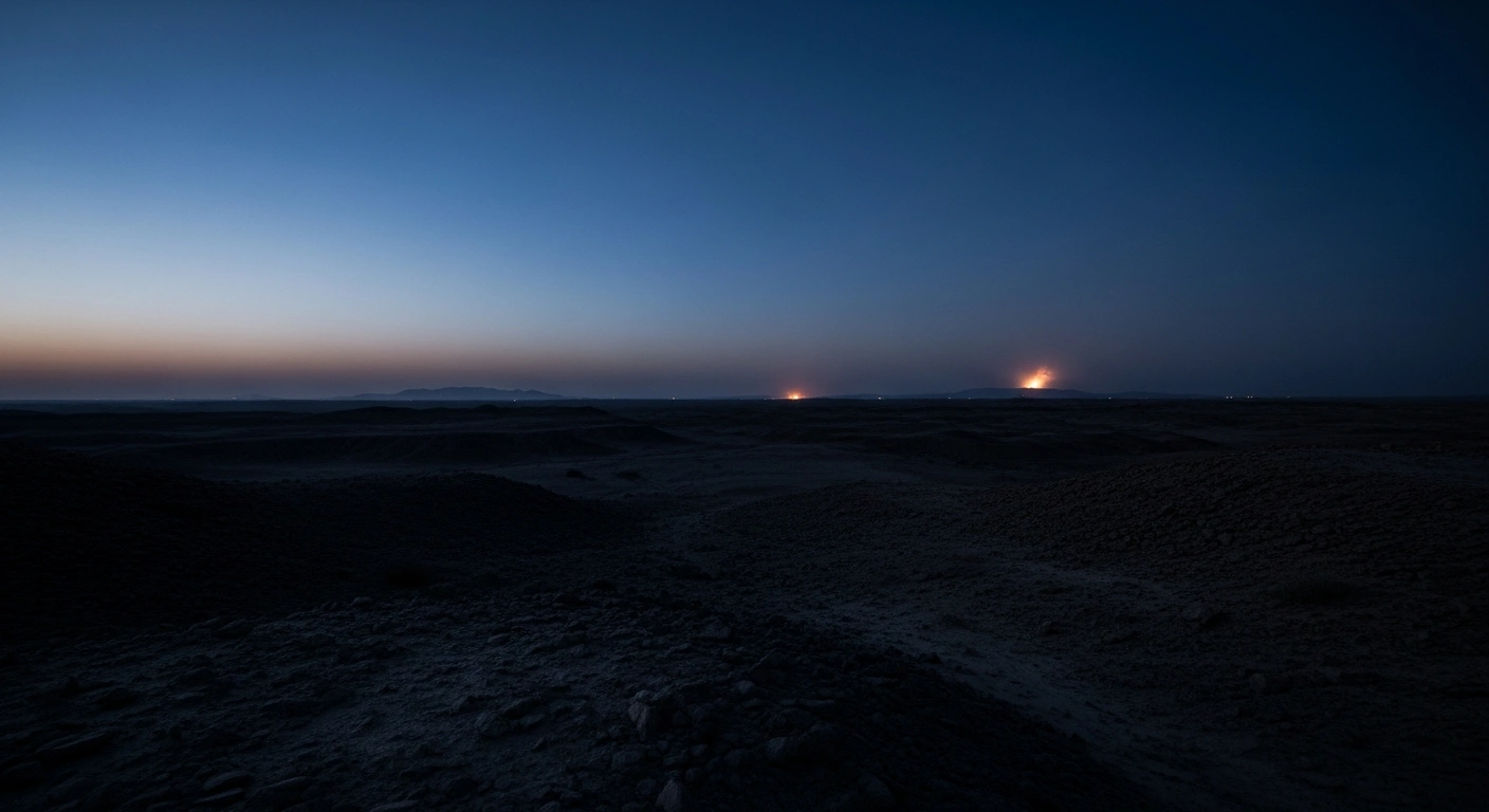 A desolate landscape at dusk represents the geopolitical tension following Israeli airstrikes on military positions in Syria.