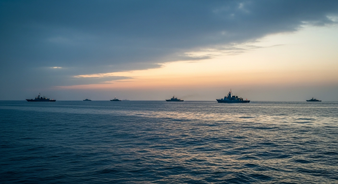A cinematic view of naval ships patrolling the Arabian Gulf at sunset, representing the Saudi Ministry of Foreign Affairs' condemnation of attacks on the UAE, Qatar, and Kuwait.