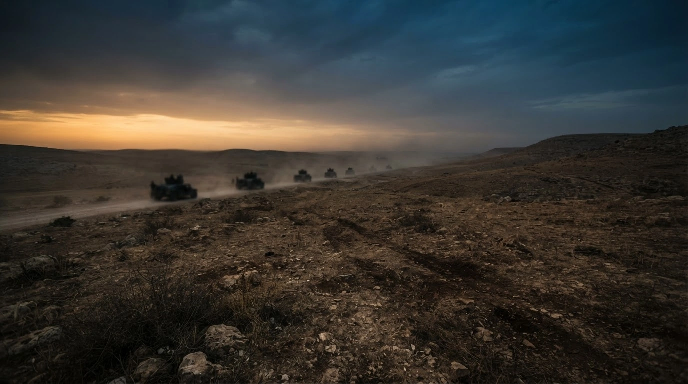 A wide-angle view of a desolate Syrian border landscape during dusk, representing the geopolitical tension following reports of an unauthorized entry into the territory.