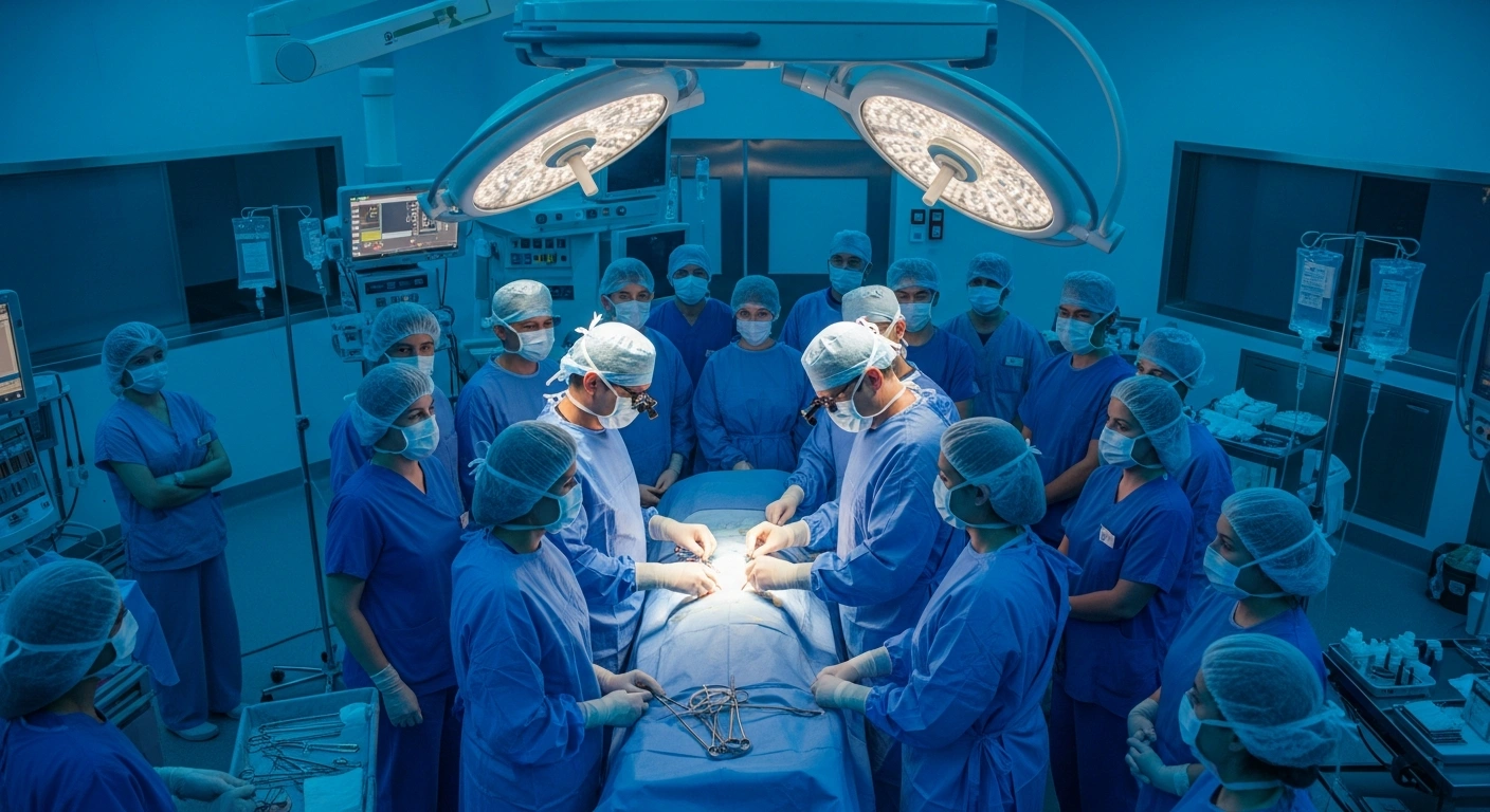 A large team of surgeons performs a complex separation procedure on the conjoined twins Akis and Aisha at the King Abdullah Specialist Children's Hospital.