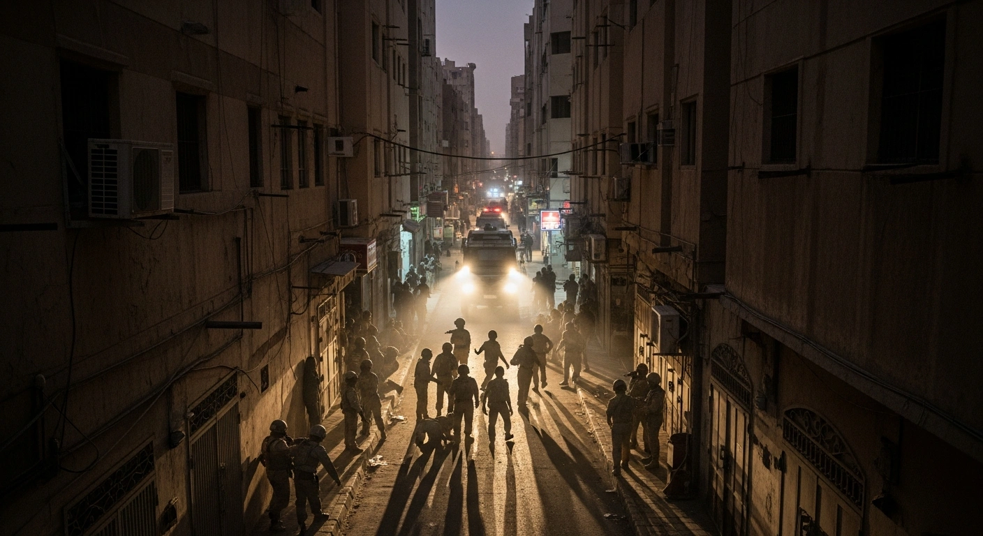 Uniformed Saudi authorities conduct a nationwide campaign, illuminated by harsh spotlights in a city alleyway, apprehending individuals for breaching residency, labor, and border security regulations.