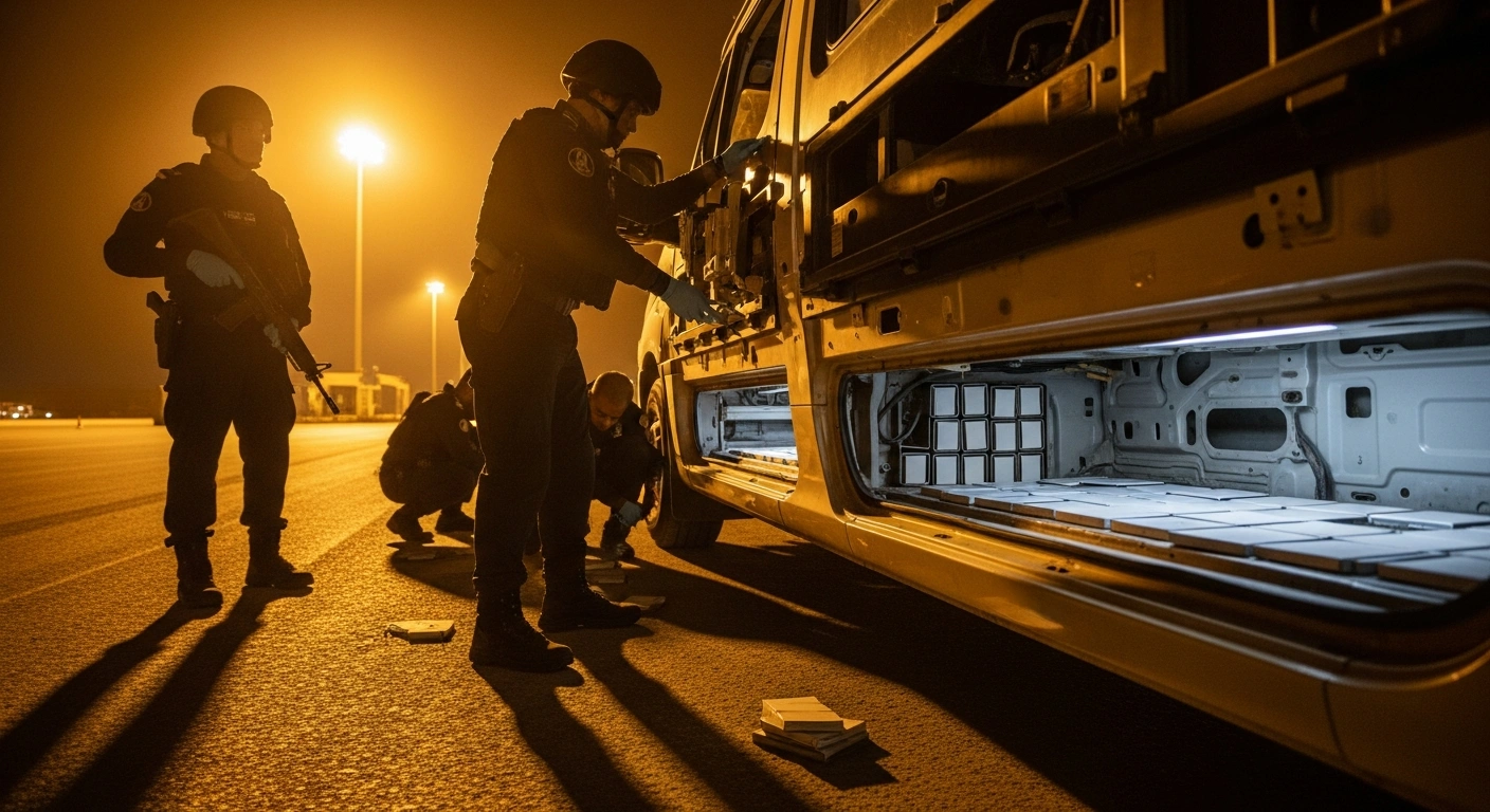 Saudi Arabian customs officials inspect a vehicle and seize a large cache of amphetamine pills during a border security operation.