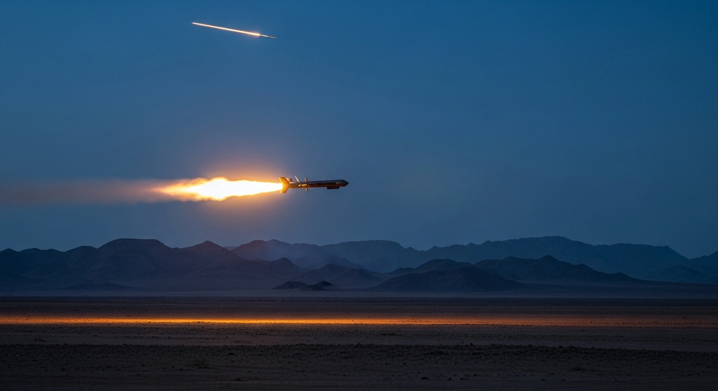 A Saudi Arabian air defense system successfully intercepts and destroys a hostile drone in the night sky over the desert.