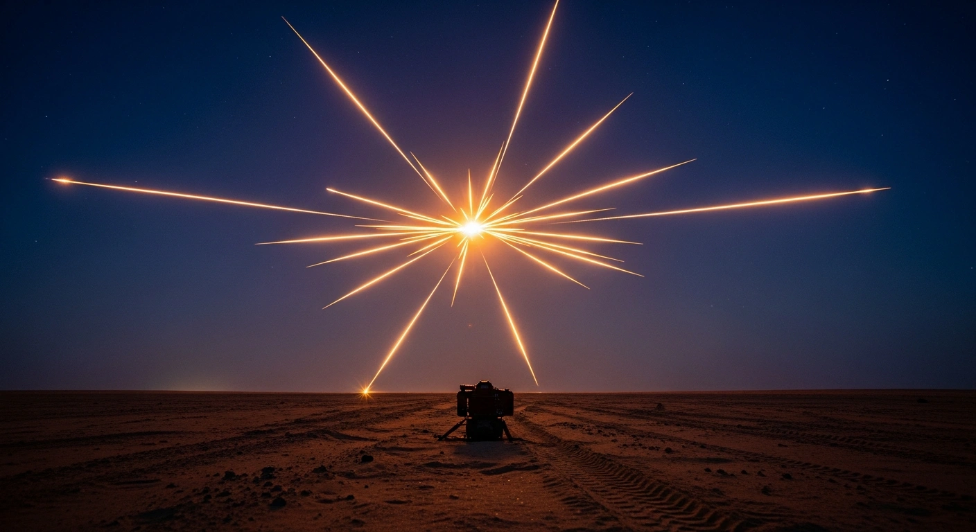 Saudi Arabian air defense systems intercept a ballistic missile and multiple drones in the night sky over the Eastern Region.