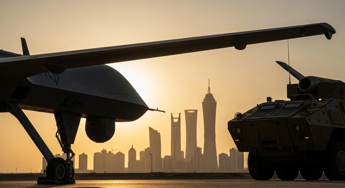 A sleek, domestically manufactured defense system, possibly a drone or armored vehicle, stands prominently against a backdrop of modern Riyadh architecture at sunset, symbolizing Saudi Arabia's significant progress in defense industry localization and its Vision 2030 goals.