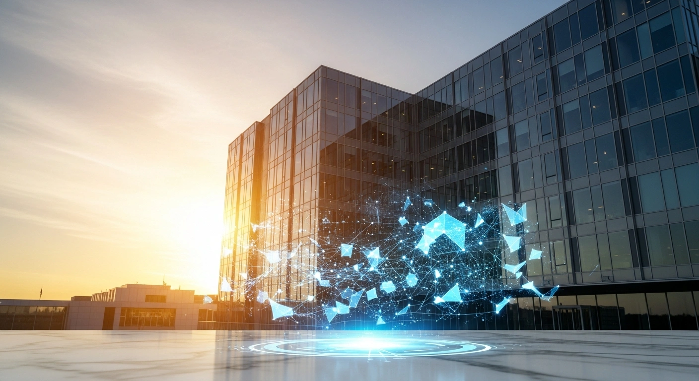 A modern building representing the Saudi Data and AI Authority glows with digital data visualizations to celebrate the UN Public Service Award for digital transformation.