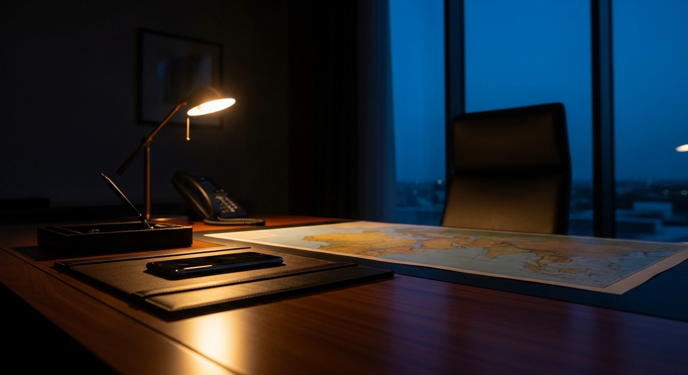 A high-end smartphone sits on a desk in a diplomatic office in Saudi Arabia during discussions about regional stability in the Middle East.