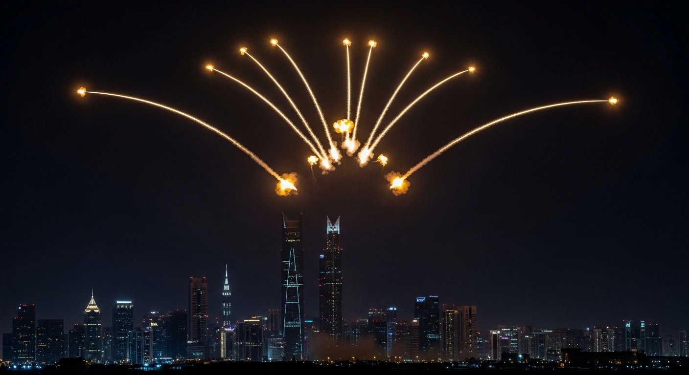 Anti-aircraft missiles illuminate the night sky over a Saudi Arabian city as they intercept multiple drones, reflecting recent defense operations near Riyadh and Al-Kharj amidst regional tensions.