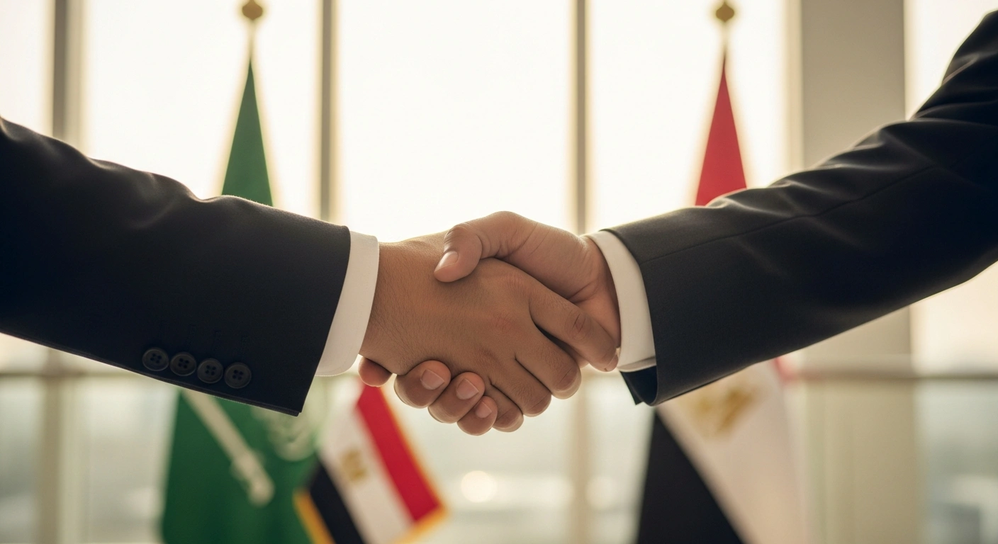 A formal handshake between two officials representing Saudi Arabia and Egypt symbolizes the new bilateral agreement for diplomatic visa exemptions.